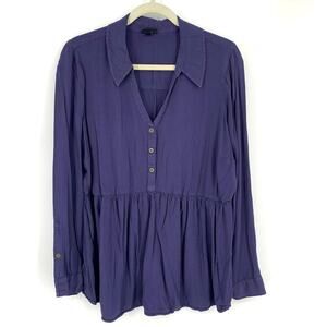 Womens Long Sleeve Peplum Button-Front Top - Purple